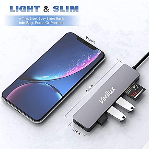 Verilux® USB HUB for Laptop 6 in 1 USB Type C Hub for Macbook Pro Air Connector Portable Aluminum Multi USB Port for Laptop USB C to HDMI Adapter 4K@30Hz USB 3.0/2.0 Ports, SD/Micro SD Card Reader - Image 4
