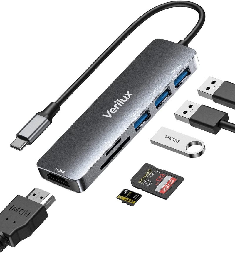 Verilux® USB HUB for Laptop 6 in 1 USB Type C Hub for Macbook Pro Air Connector Portable Aluminum Multi USB Port for Laptop USB C to HDMI Adapter 4K@30Hz USB 3.0/2.0 Ports, SD/Micro SD Card Reader - Image 1