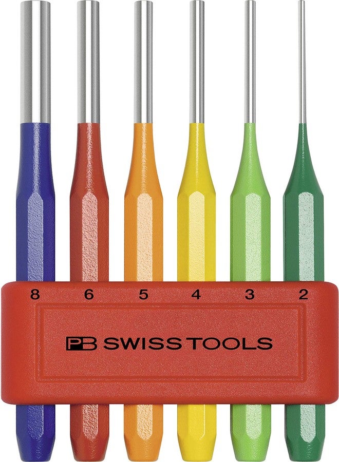 PB Swiss Tools Pin Punch Set PB 755.BL RB CN | 100% Swiss Made | 6-Piece Drift Punch Set RainBow Color Coded, in Practical Holder - Image 1