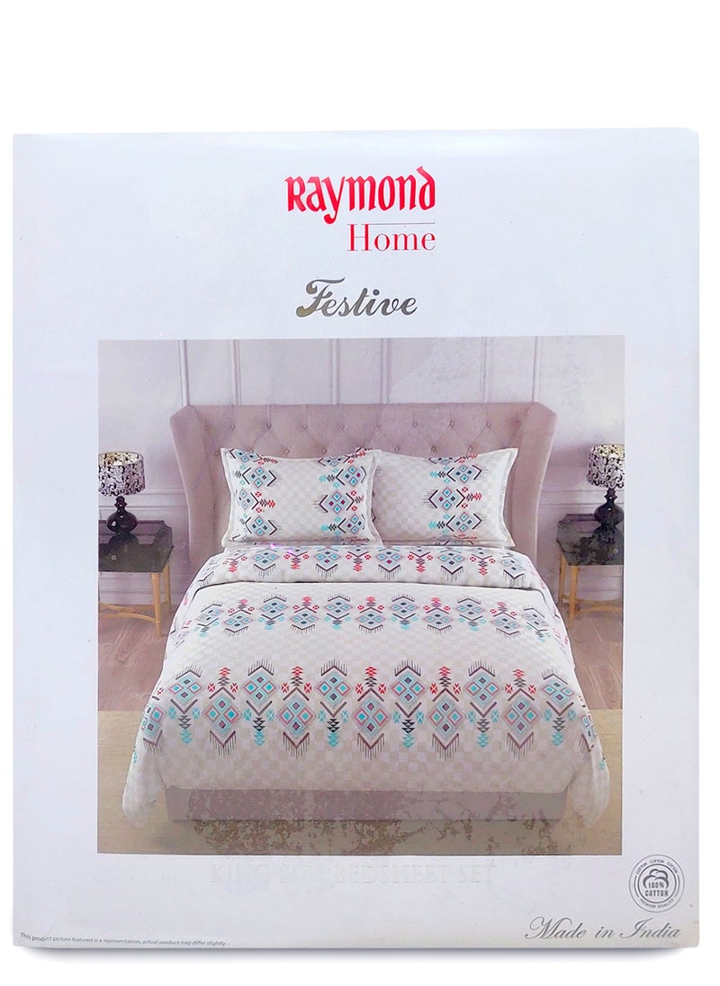 Raymond Raymond Home King Flat Sheet Bedsheet 152 Thread Count Luxirious Mercerised 100% Long Staple Cotton Bedding Printed Pre Shrunk Percale Finish Bed Linen with 2 Pillow Case -Blue & White (274 * 274 CM)  - Image 3