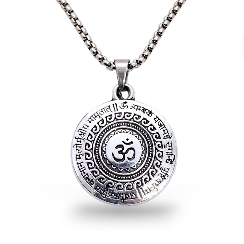 Elleva Mahadev Maha Mrityunjaya Mantra Om Pendant Locket for Men & Women | Religious Silver Necklace Jewelry Set – Best Gift for Men, Brother, Husband & Friends (Pack of 1) - Image 1