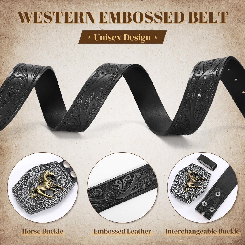 LALATCH Western Cowboy Belts Western Belts for Women Men Cowgirl Cowboy Belt Buckles Leather Cowboy Belt for Men Rodeo Outfit, Silver Horse/Black Belt - Image 3
