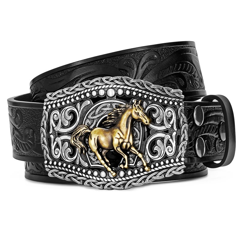 LALATCH Western Cowboy Belts Western Belts for Women Men Cowgirl Cowboy Belt Buckles Leather Cowboy Belt for Men Rodeo Outfit, Silver Horse/Black Belt - Image 1
