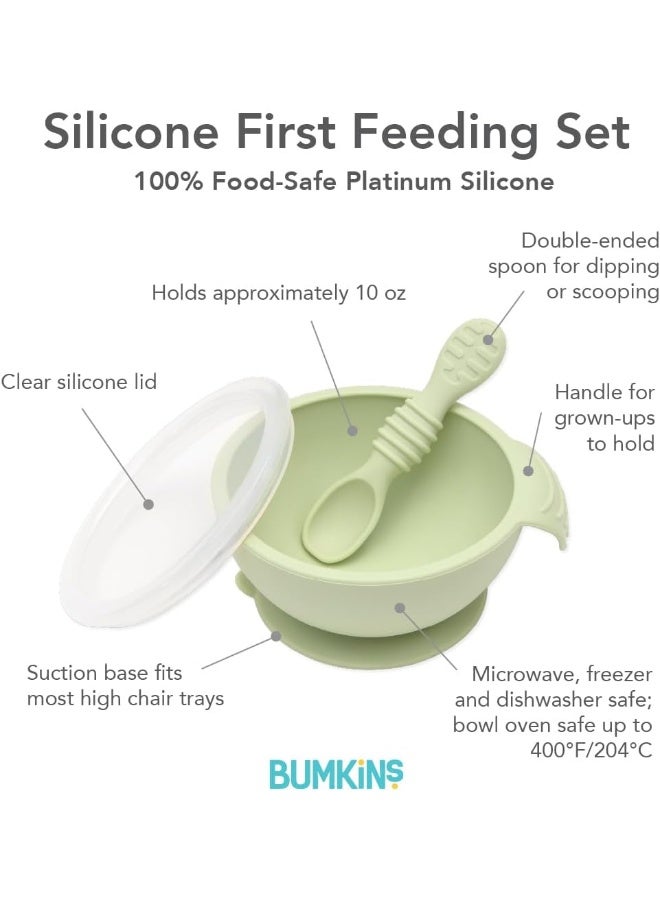 Bumkins Baby Bowls, Silicone Baby Feeding Set, Suction Bowls for Baby and Toddler with Spoon and Lid, First Feeding Set, Platinum Silicone Bowl for Babies 4 Months Up - Image 5