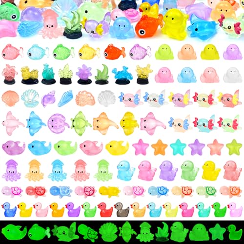 Feivando 120 Pcs Luminous Mini Ocean Resin Animals Glow in The Dark Tiny Sea Animal Figures Marine Miniature Figurines for Crafts Micro Landscape Fairy Garden Aquarium Decoration - Image 1