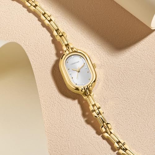 CHEETAH Petite Gold Watch for Women with Small Vintage Bangle Diamonds Dial in White - Image 3