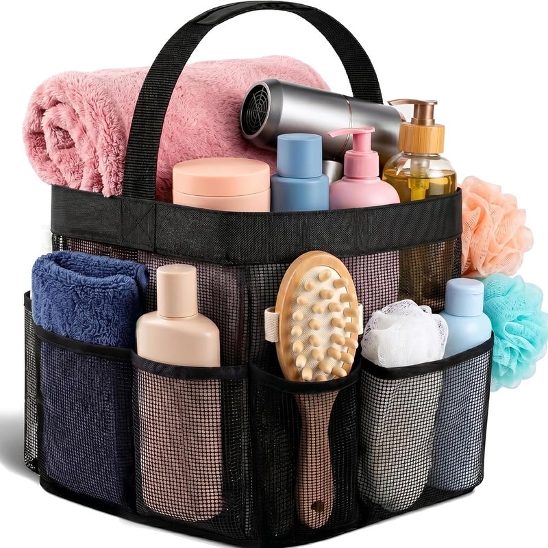 Masirs Shower Caddy Mesh - 9 Pocket Portable Bathroom Organizer Tote for Travel, Gym & Dorm - Collapsible Small Shower Caddy Bag to Hold Toiletries & Essentials (Black) - Image 1