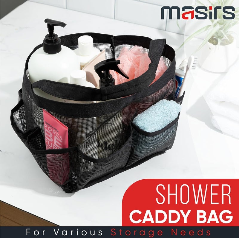 Masirs Shower Caddy Mesh - 9 Pocket Portable Bathroom Organizer Tote for Travel, Gym & Dorm - Collapsible Small Shower Caddy Bag to Hold Toiletries & Essentials (Black) - Image 2