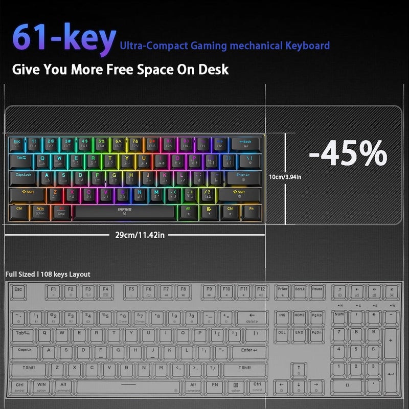 infino لوحة مفاتيح ميكانيكية لاسلكية ثلاثية الأوضاع من ® مع تخطيط عربي، 61 مفتاحًا مع إضاءة خلفية RGB ومفاتيح بنية، دعم متعدد المنصات لنظام Windows/Mac/Linux/الجهاز اللوحي، لوحة مفاتيح ألعاب قابلة للشحن - Image 4