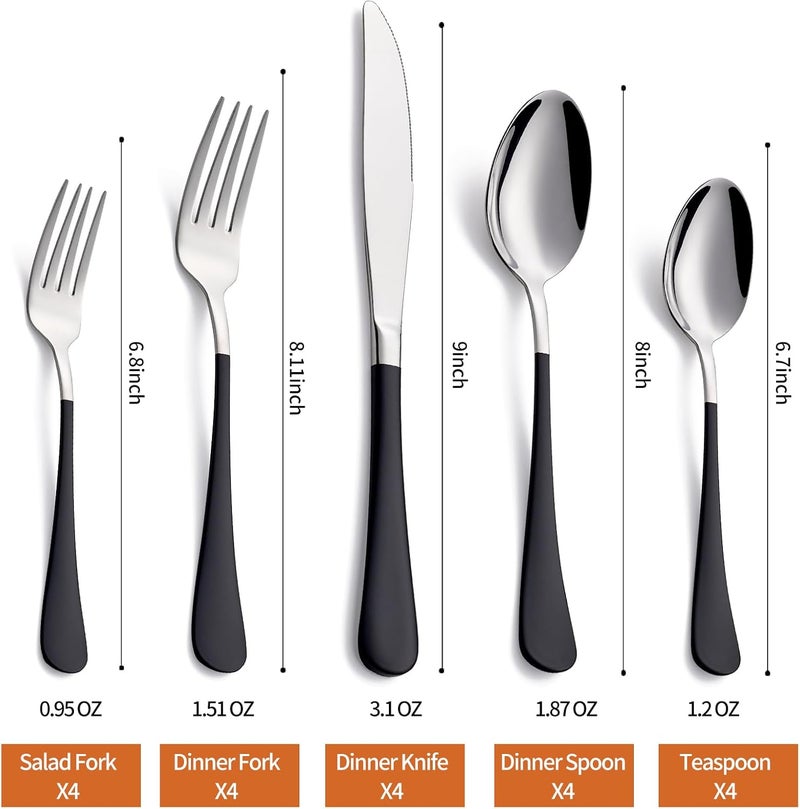 Lekoton 20 Piece Black 180 Flatware Utensil Set for 4 Include Dinner KnifeDinner ForksDinner SpoonsSalad ForksTeaspoonsSilverware Set for 4 Dishwasher Safe - Image 2