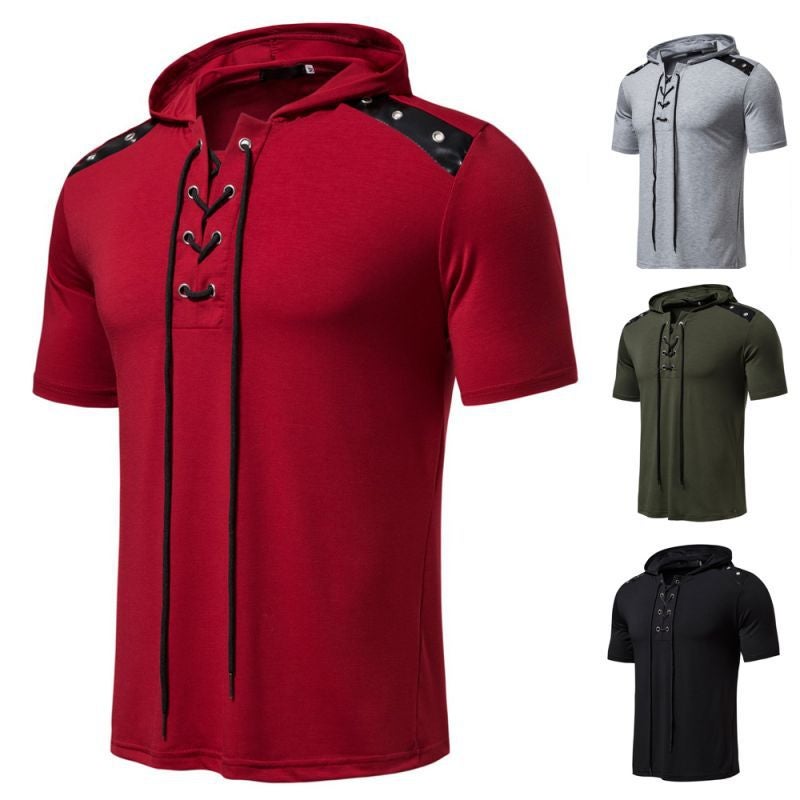 Summer new men''s fashion casual short-sleeved T-shirt shoulder patchwork lace perforated hooded short-sleeved T-shirt T29 - Image 4