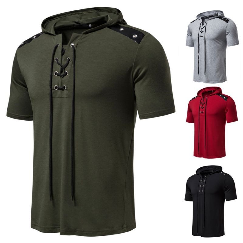 Summer new men''s fashion casual short-sleeved T-shirt shoulder patchwork lace perforated hooded short-sleeved T-shirt T29 - Image 3