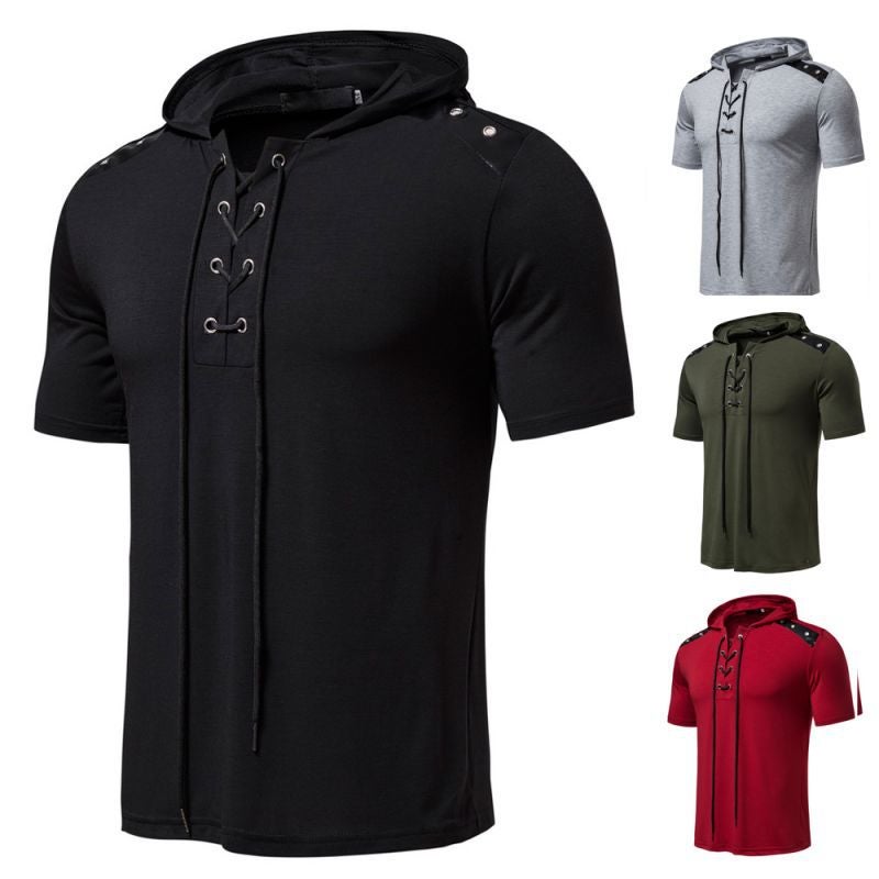 Summer new men''s fashion casual short-sleeved T-shirt shoulder patchwork lace perforated hooded short-sleeved T-shirt T29 - Image 5