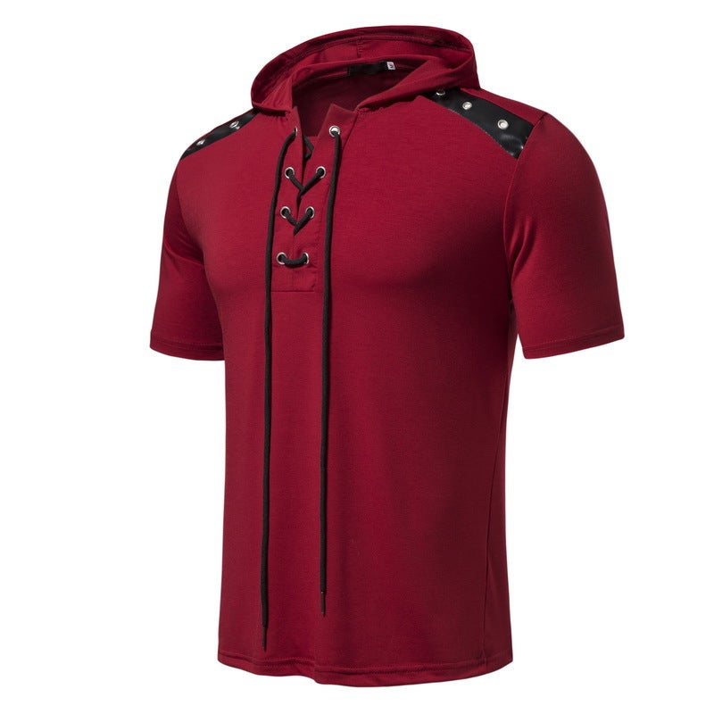Summer new men''s fashion casual short-sleeved T-shirt shoulder patchwork lace perforated hooded short-sleeved T-shirt T29 - Image 1