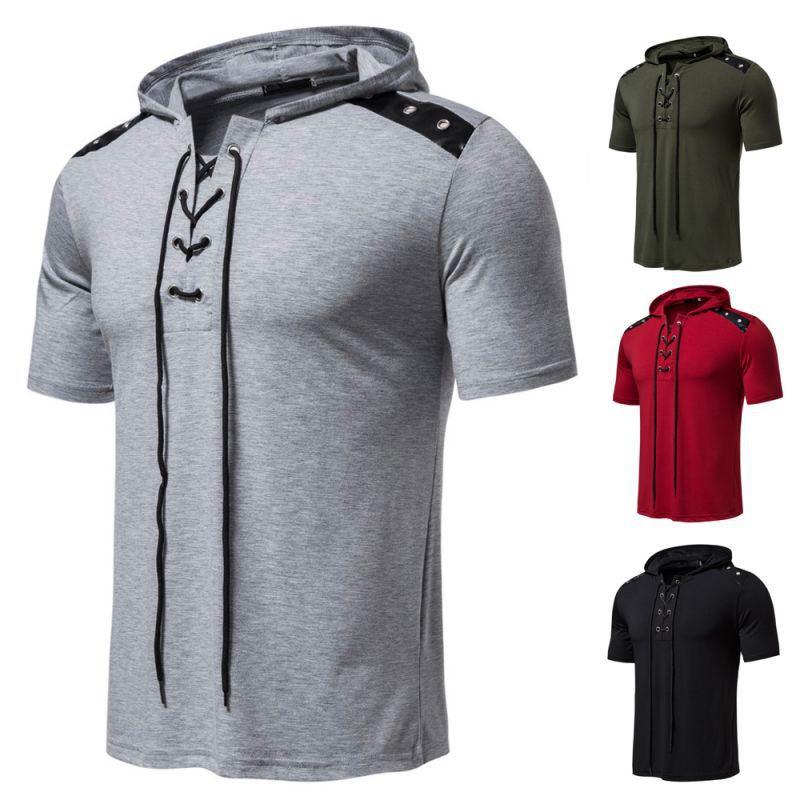 Summer new men''s fashion casual short-sleeved T-shirt shoulder patchwork lace perforated hooded short-sleeved T-shirt T29 - Image 2