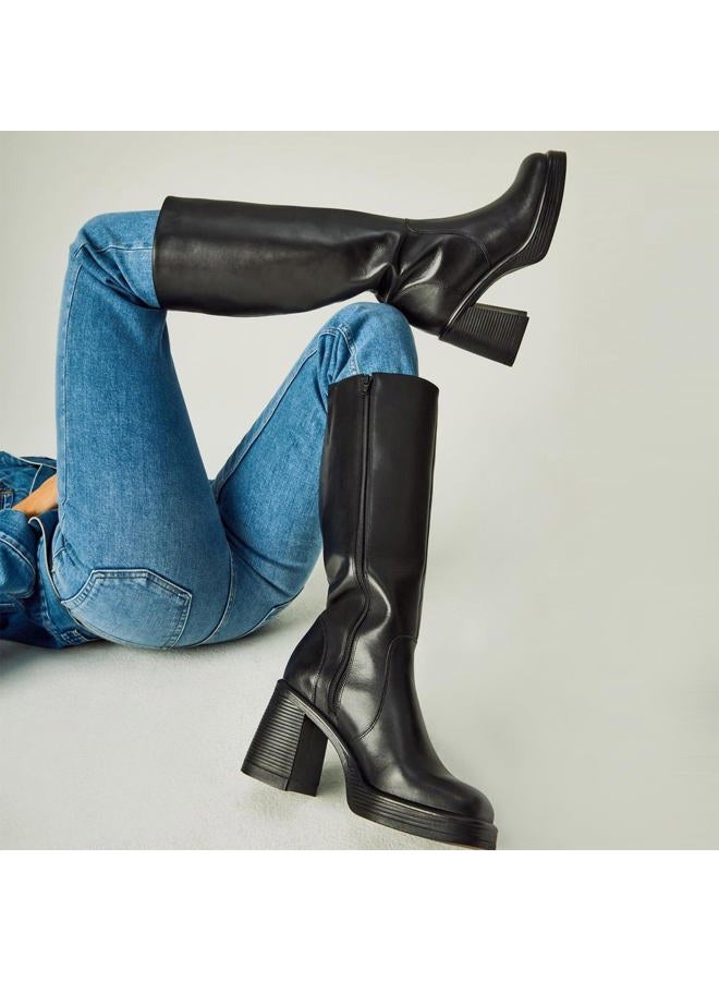 SOVANYOU Black Leather Boots Platform Boots for Women Fashion Square Toe Chunky Block Heeled Boots Side Zip, A-black, 10 Wide - Image 5