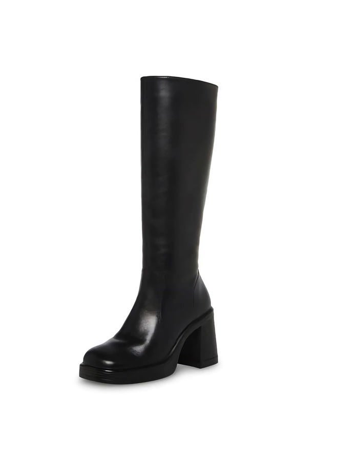 SOVANYOU Black Leather Boots Platform Boots for Women Fashion Square Toe Chunky Block Heeled Boots Side Zip, A-black, 10 Wide - Image 1