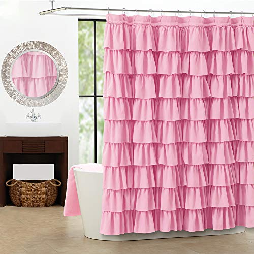 WestWeir Pink Ruffle Shower Curtain - Farmhouse Ruffled Fabric for Bathroom 72 inches x 72 inch - Image 1
