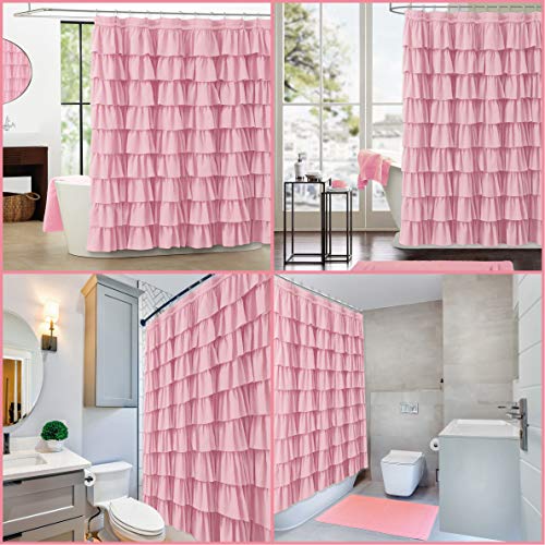 WestWeir Pink Ruffle Shower Curtain - Farmhouse Ruffled Fabric for Bathroom 72 inches x 72 inch - Image 2