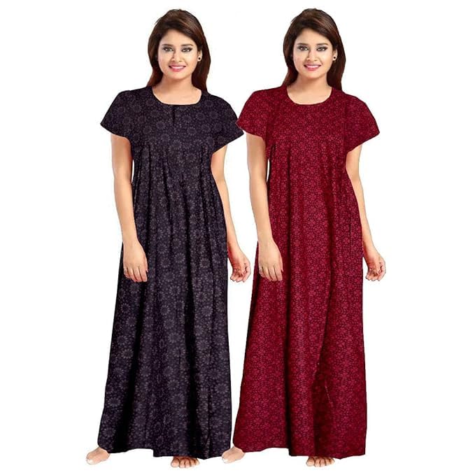YUKATA Nighty for Women Cotton Printed Maxi Gown Ankle Length Nighty Night Dress Gown for Women Maxi - Free Size (Pack of 2) (Free Size, Coffee&Maroon) - Image 1