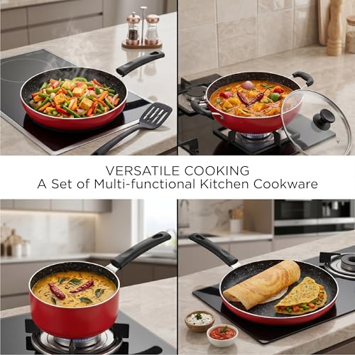 Crystal Classic Series 7-pc Non-Stick Induction Bottom Cookware Set, PFOA Free, Tawa, Fry-Pan, Kadhai with Glass Lid, Sauce Pan with 2 Serving Spoons, Red - Image 5