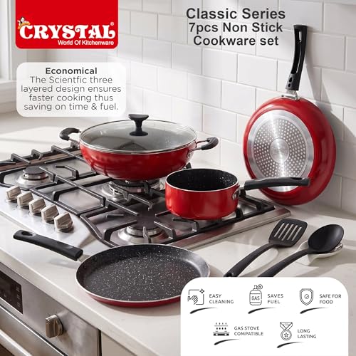 Crystal Classic Series 7-pc Non-Stick Induction Bottom Cookware Set, PFOA Free, Tawa, Fry-Pan, Kadhai with Glass Lid, Sauce Pan with 2 Serving Spoons, Red - Image 4