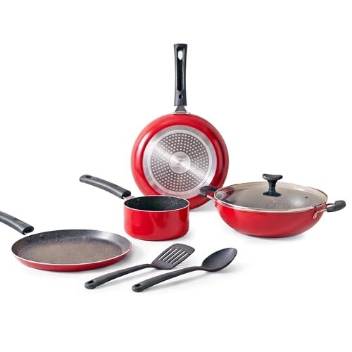 Crystal Classic Series 7-pc Non-Stick Induction Bottom Cookware Set, PFOA Free, Tawa, Fry-Pan, Kadhai with Glass Lid, Sauce Pan with 2 Serving Spoons, Red - Image 1