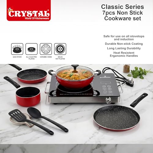 Crystal Classic Series 7-pc Non-Stick Induction Bottom Cookware Set, PFOA Free, Tawa, Fry-Pan, Kadhai with Glass Lid, Sauce Pan with 2 Serving Spoons, Red - Image 3