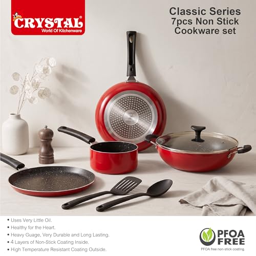 Crystal Classic Series 7-pc Non-Stick Induction Bottom Cookware Set, PFOA Free, Tawa, Fry-Pan, Kadhai with Glass Lid, Sauce Pan with 2 Serving Spoons, Red - Image 2