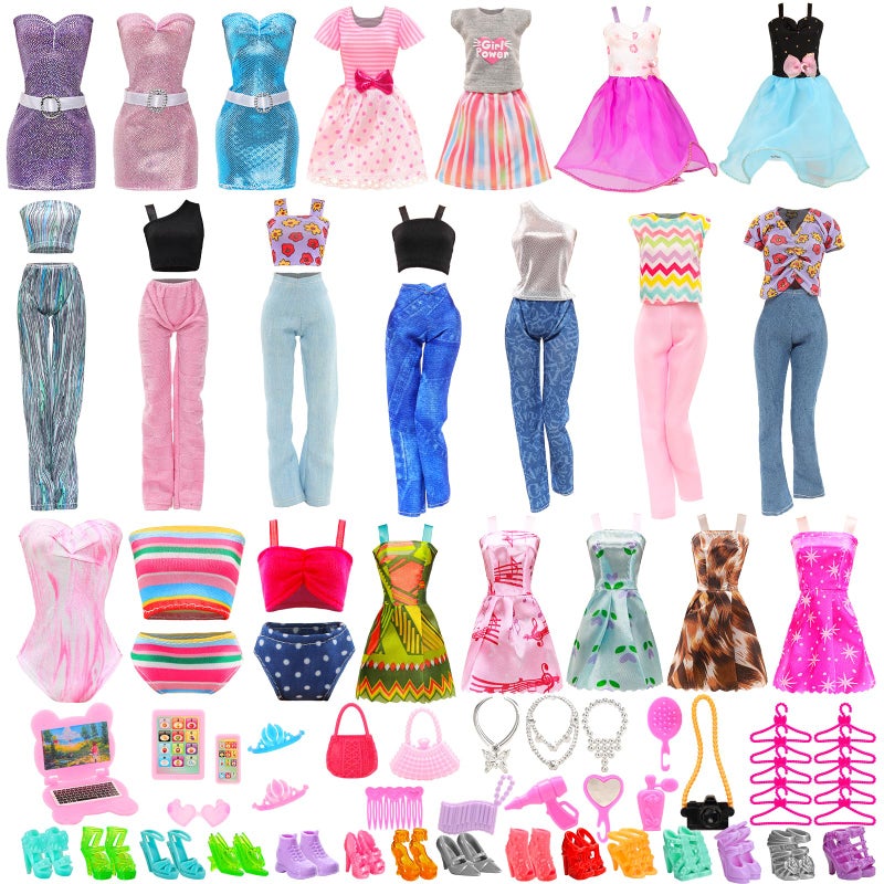 ENOCHT 51 PCS Doll Clothes and Accessories Including Fashion Dresses, Tops and Pants Outfits, Party Dresses, Swimsuits Bikini 38 PCS Shoes Hangers and Other Accessories for 11.5 inch Dolls - Image 2