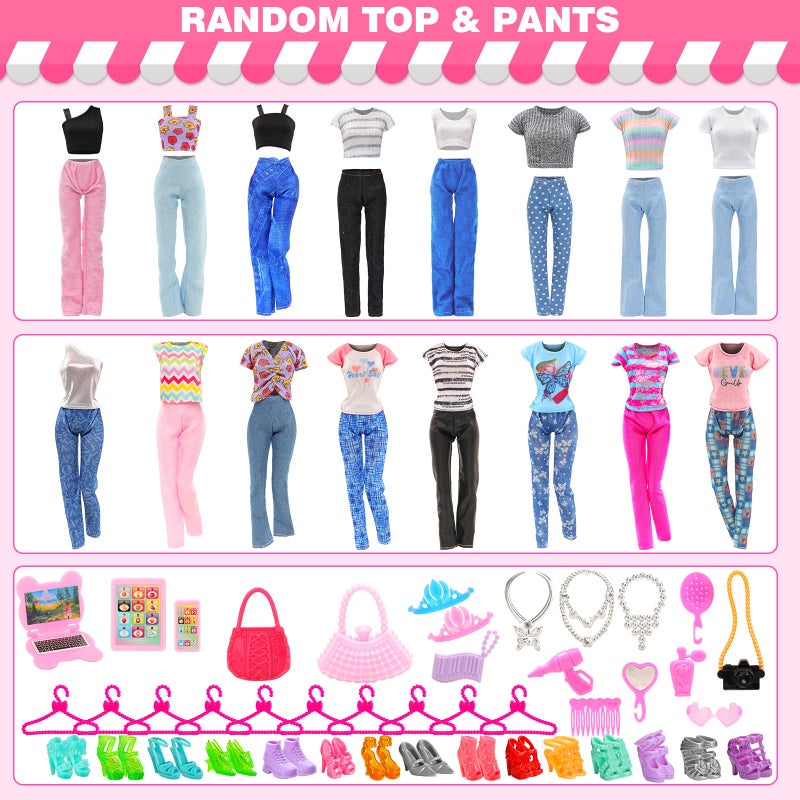 ENOCHT 51 PCS Doll Clothes and Accessories Including Fashion Dresses, Tops and Pants Outfits, Party Dresses, Swimsuits Bikini 38 PCS Shoes Hangers and Other Accessories for 11.5 inch Dolls - Image 4