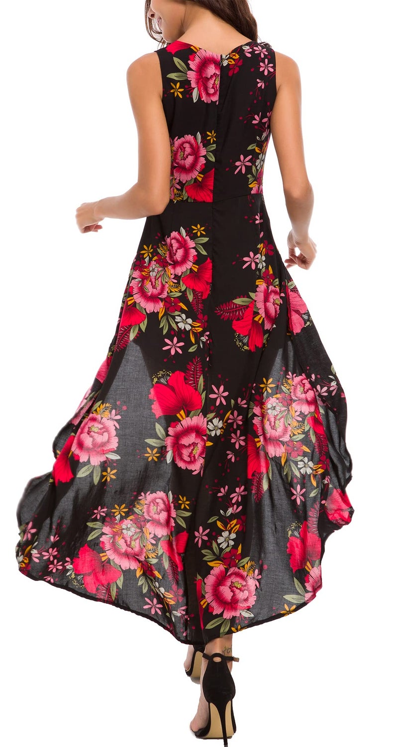 Kormei Womens Sleeveless Scoop Neck Floral Rayon Party Split Maxi Romper Dress S Black&Red - Image 5