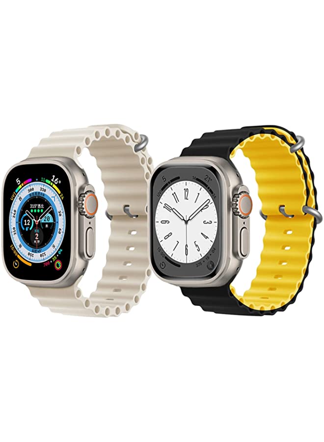 IAF Silicone Ocean Band Strap for Apple Watch Ultra 8 49mm Off White Single Color Strap with Black/Yellow Double Side Strap Set of 2
