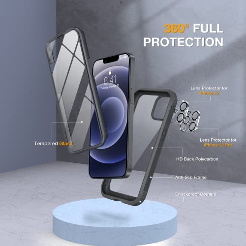 Miracase Glass Series for iPhone 12/12 Pro Case 6.1 inch, Upgraded Full-Body Rugged Phone Bumper Case Cover with Built-in 9H Tempered Glass Screen Protector and Camera Protector, Black - Image 3