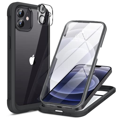 Miracase Glass Series for iPhone 12/12 Pro Case 6.1 inch, Upgraded Full-Body Rugged Phone Bumper Case Cover with Built-in 9H Tempered Glass Screen Protector and Camera Protector, Black - Image 1
