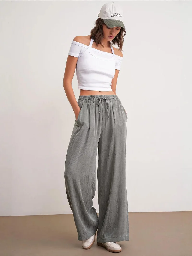 MixRay Mixray Textured Wide Leg Drawstring Pants