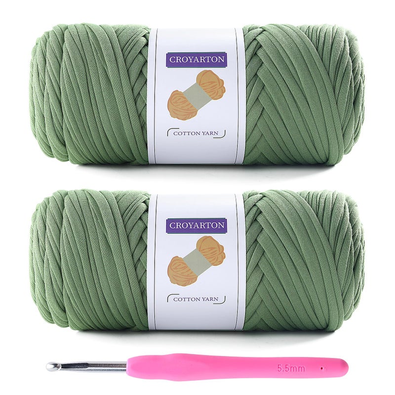 NDICANG 2 Pack T Shirt Yarn for Crocheting with 1 Crochet Hook, Elastic Tshirt Yarn for Crochet Bag/Baskets/Home Decor, Spaghetti Yarn Thick Knitting Yarn Total Length 130 Yds, Weight 14 Oz (Avocado Green) - Image 1