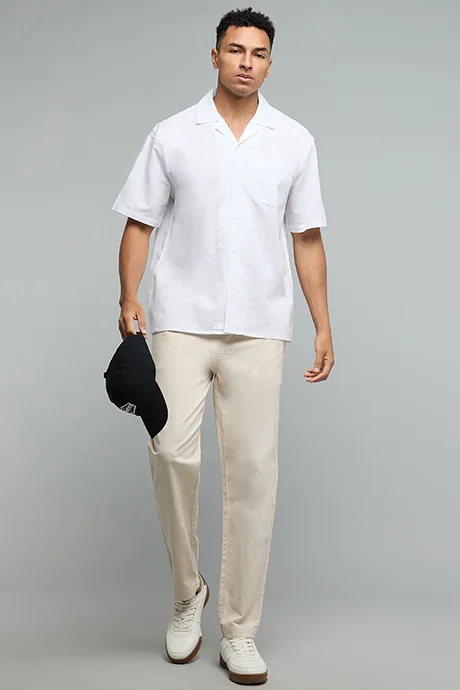 R&b Textured Shirt with Revere Collar and Short Sleeves