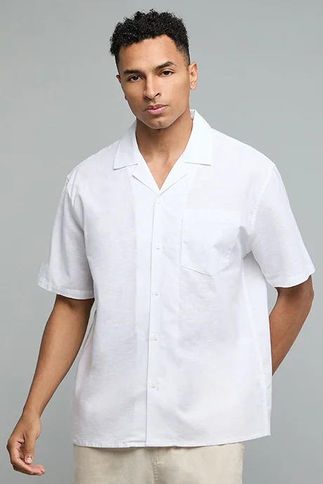 R&b Textured Shirt with Revere Collar and Short Sleeves