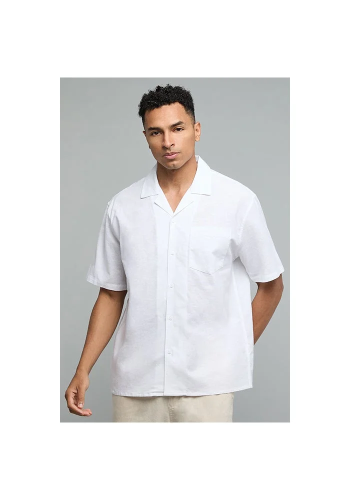أر أند بي Textured Shirt with Revere Collar and Short Sleeves