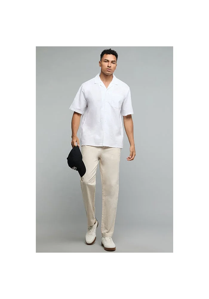 أر أند بي Textured Shirt with Revere Collar and Short Sleeves