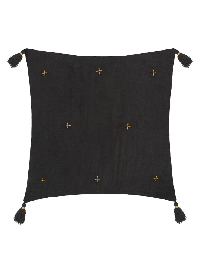 atmosphera Jamana Embroidered Tassel Detail Decorative Cushion Dark Grey and Gold 40 x 40 cm 196210L