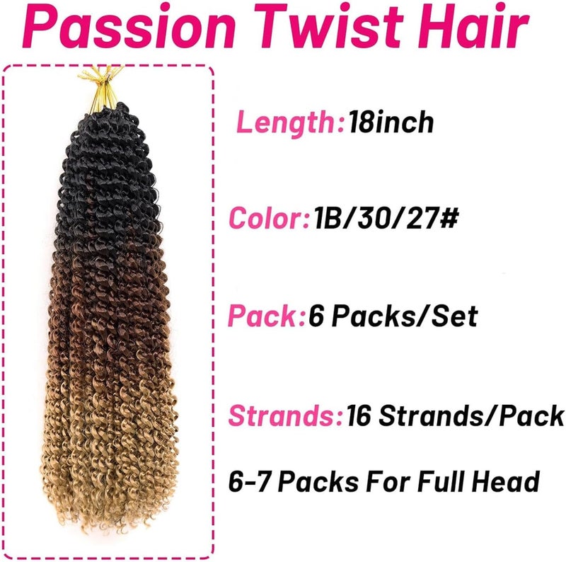Dorsanee Ombre Passion Twist Hair 18 Inch 6 Packs Water Wave Crochet Hair Long Bohemian Curly Braiding Hair for Butterfly Locs, Faux Locs, Boho Style Spring Twist Crochet Braids (1B/30/27#) - Image 4