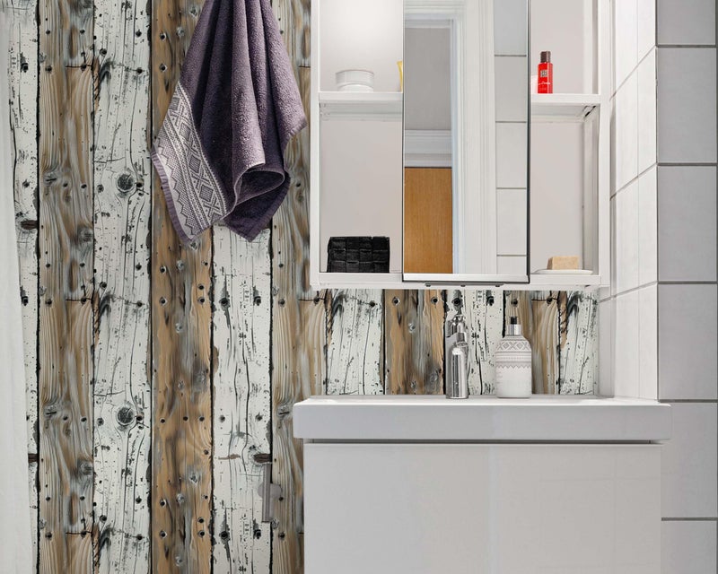 FLFK Wood Wallpaper Peel and Stick Gray-White and Brown Shiplap Wall Paper for Living Room Bedroom Kitchen Office Apartment Decor 16in x 128in - Image 5