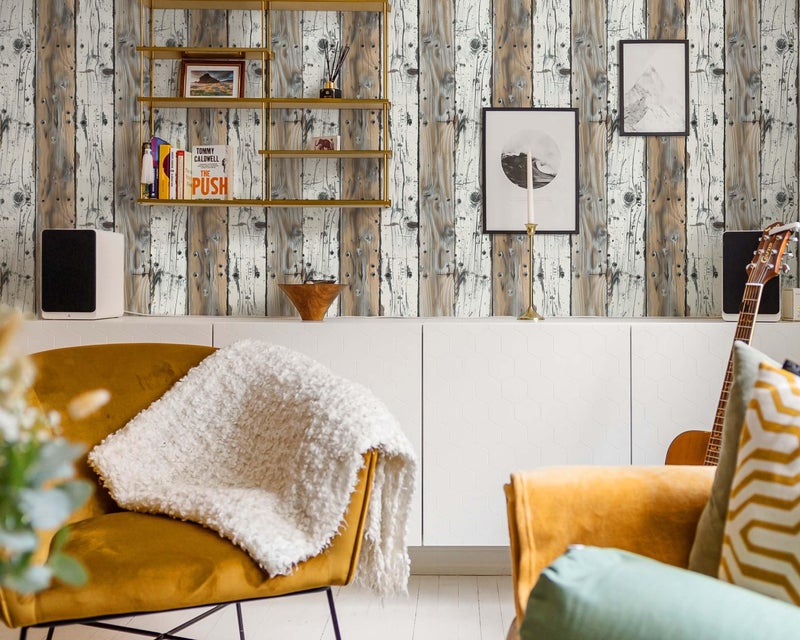 FLFK Wood Wallpaper Peel and Stick Gray-White and Brown Shiplap Wall Paper for Living Room Bedroom Kitchen Office Apartment Decor 16in x 128in - Image 3