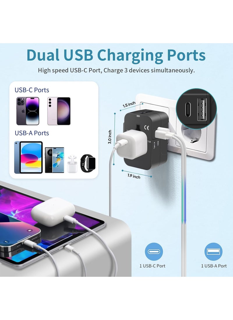 Raxon Innovation Raxon Innovation Universal Travel Adapter International All in One Worldwide Travel Adapter with USB Ports with Multi Type Power Outlet USB 21A100250 Voltage Black with 1 USB and 1 CType  - Image 3