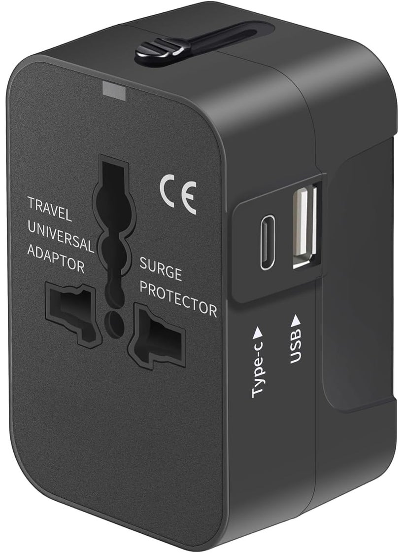 Raxon Innovation Raxon Innovation Universal Travel Adapter International All in One Worldwide Travel Adapter with USB Ports with Multi Type Power Outlet USB 21A100250 Voltage Black with 1 USB and 1 CType  - Image 1
