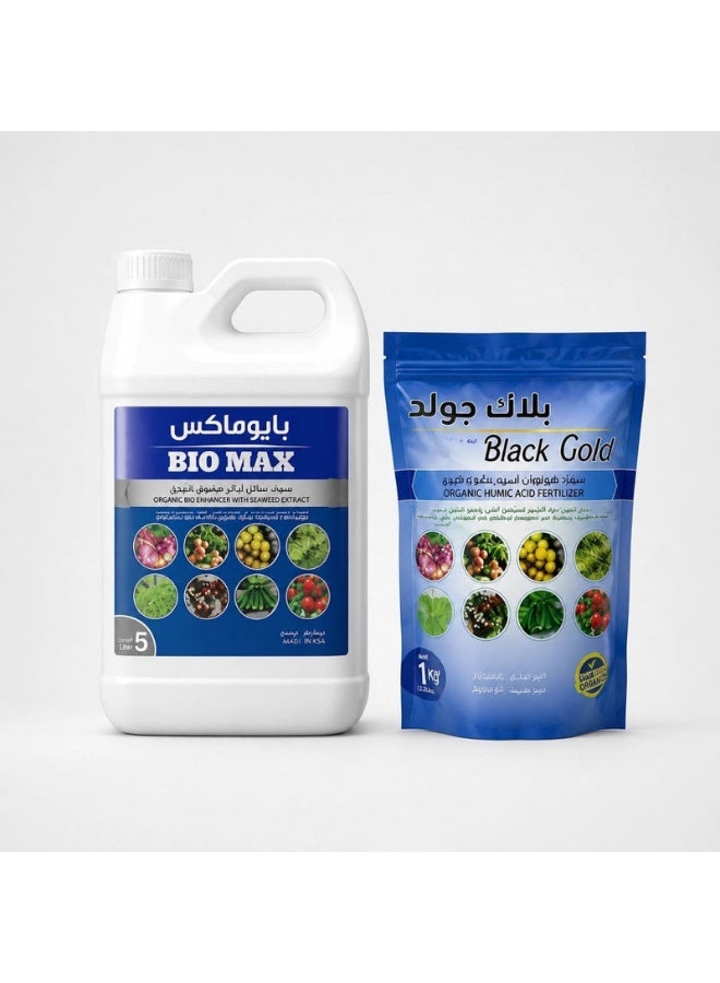Bio Max Cow Organic Liquid Fertilizer 5L + Black Gold Humic Acid 1kg Combo Pack