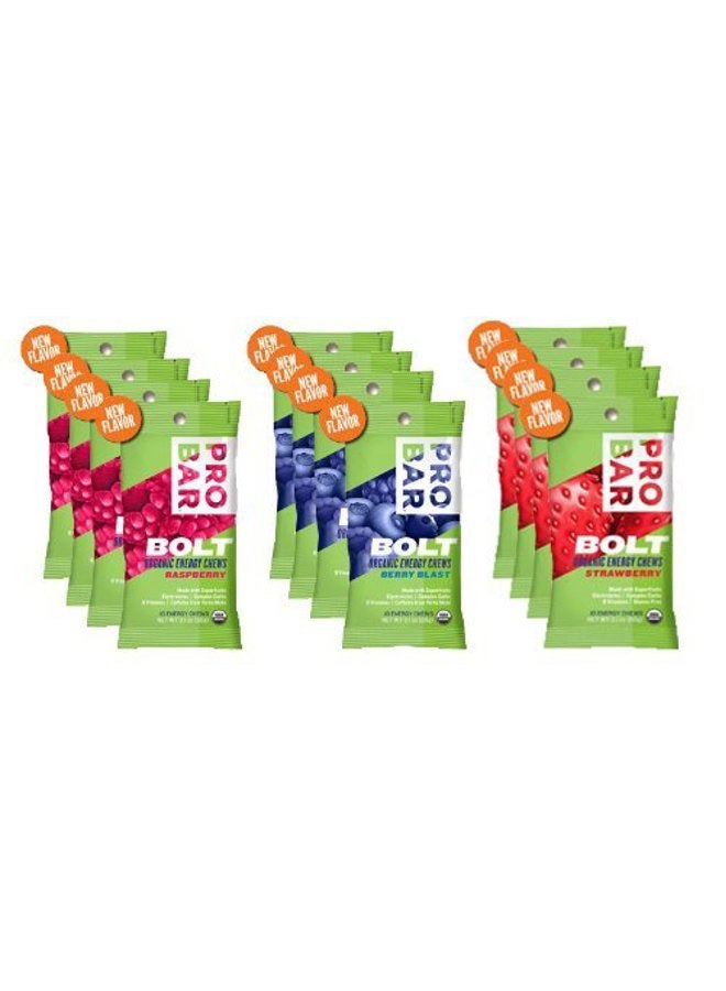 Probar Bolt Organic Energy Chews Bundle Strawberry,berry Blast and Raspberry - Four of Each Flavor, Box of 12