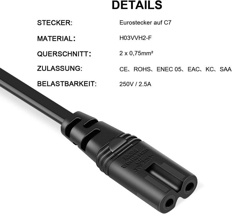 Bicmice 2M Power Cable for PS5 PS4 PS3 PS2 and Xbox Series X/One S/One X - Euro Plug 2 Pin to Double C7 Euro 8 Socket - Image 3